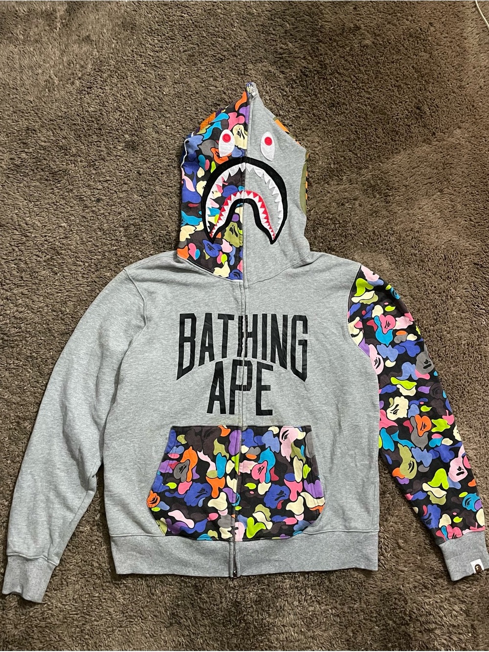 Bathing Ape Gray Shark Full-Zip Hoodie with Color Camo Accents